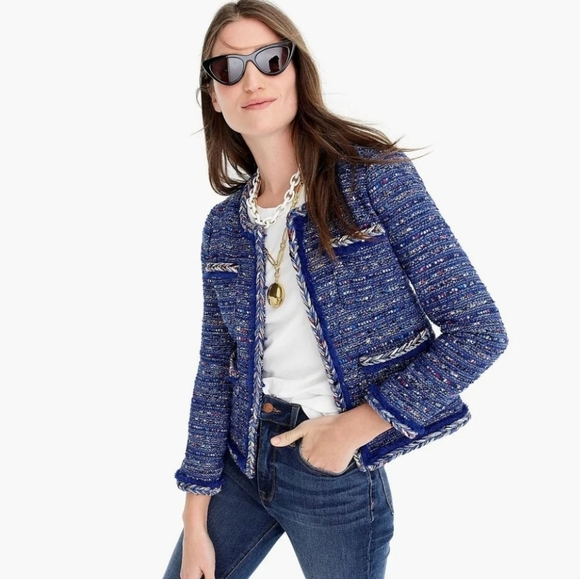 J Crew Lady Cobalt Blue Rainbow Tweed Braided Fringe Blazer Jacket 8 - Picture 1 of 7